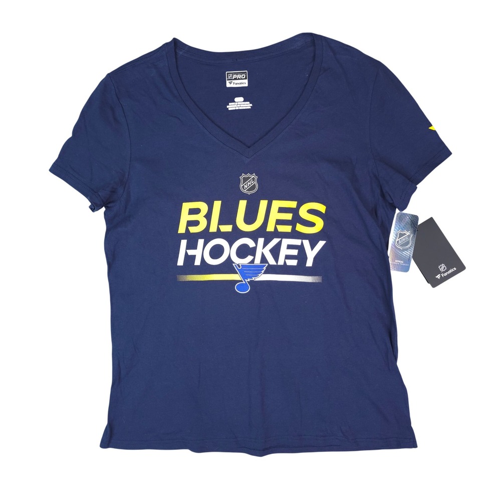 Fanatics St Louis Blues Hockey T-Shirt Women Large Navy V-Neck Graphic Tee New